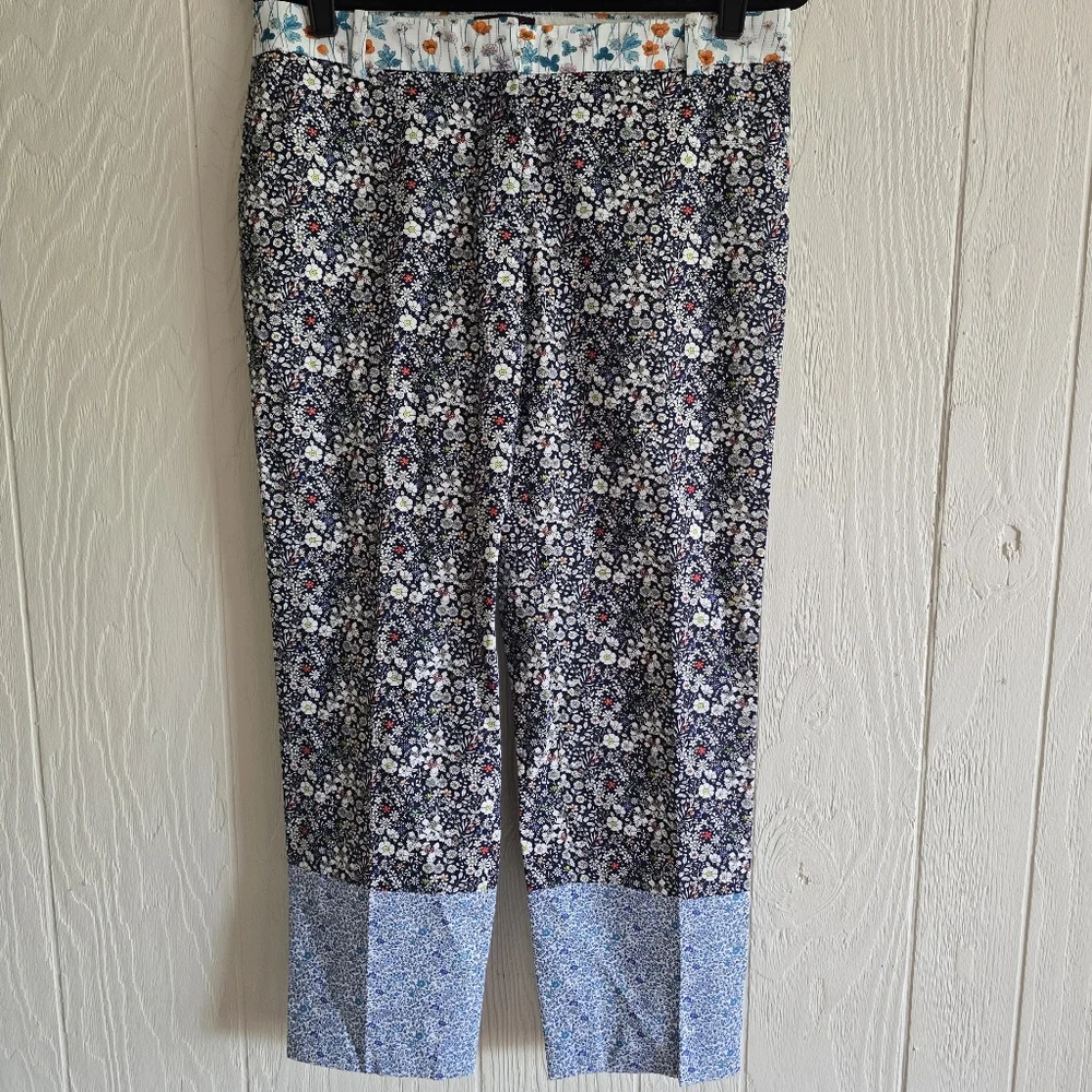 J. Crew Navy Floral Cropped Pants with Light Blue Cuffs